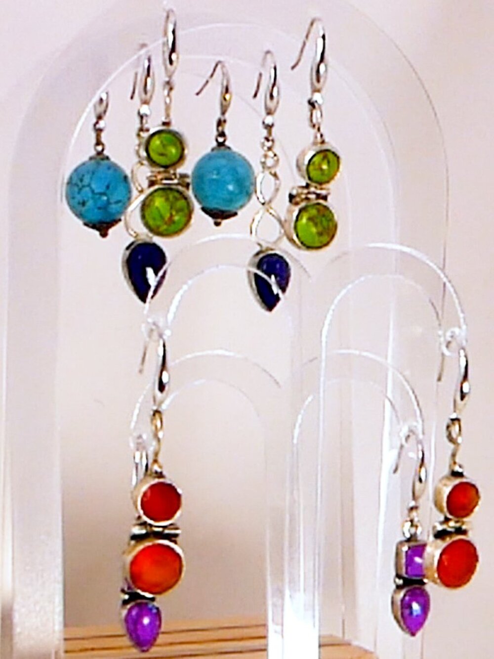 5 Pair Vtg. Earrings Sterling Silver Bezel Hinged Dangle Lapis Turquoise India